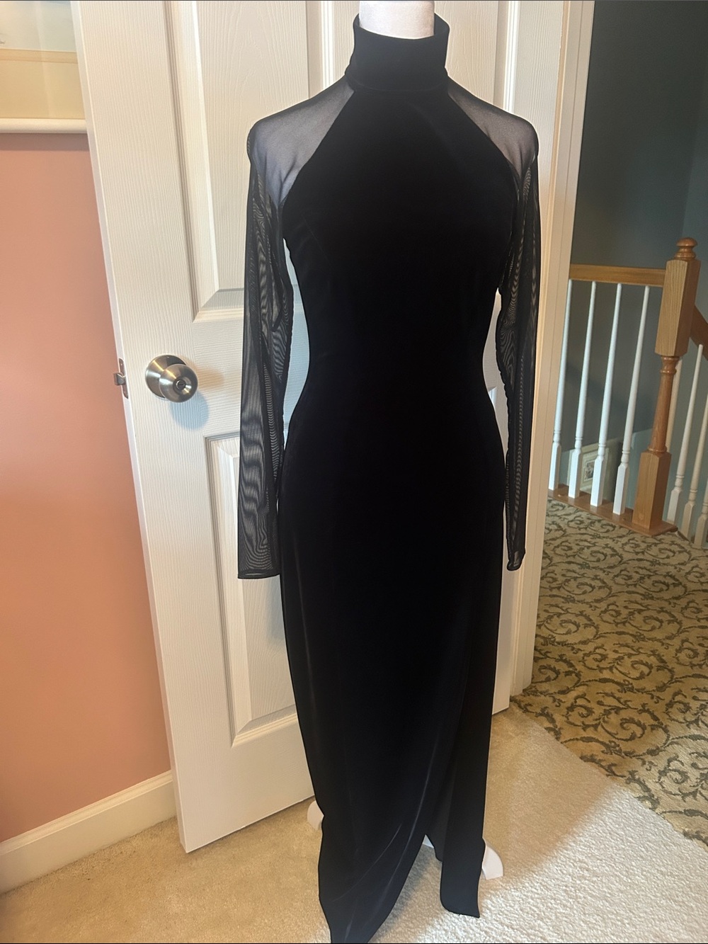 Tadashi Shoji Black Velvet Dress with Sheer Black Back & Long Sleeves